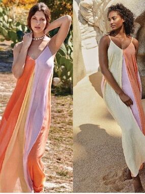 Elan Sleeveless Colorblock Maxi Dress in Orange, Pink & Yellow